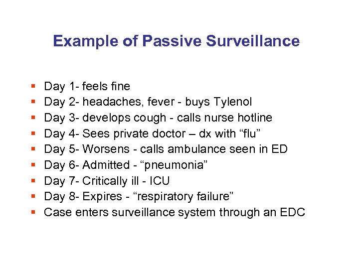 Example of Passive Surveillance § § § § § Day 1 - feels fine