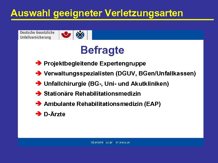 Auswahl geeigneter Verletzungsarten Befragte Projektbegleitende Expertengruppe Verwaltungsspezialisten (DGUV, BGen/Unfallkassen) Unfallchirurgie (BG-, Uni- und Akutkliniken)