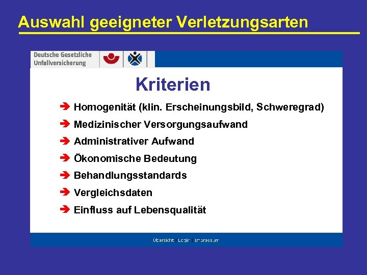 Auswahl geeigneter Verletzungsarten Kriterien Homogenität (klin. Erscheinungsbild, Schweregrad) Medizinischer Versorgungsaufwand Administrativer Aufwand Ökonomische Bedeutung