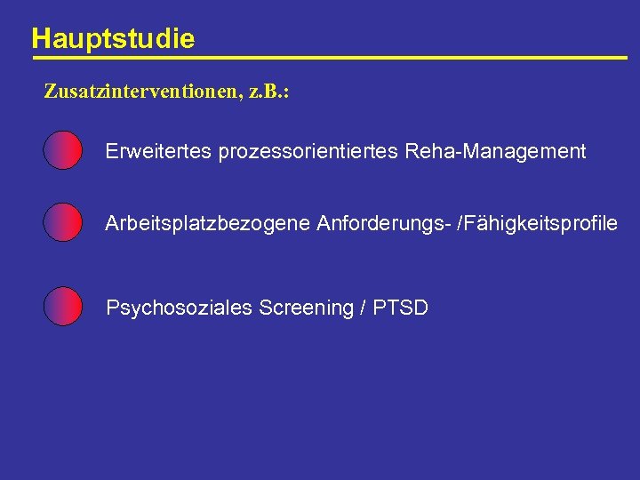 Hauptstudie Zusatzinterventionen, z. B. : Erweitertes prozessorientiertes Reha-Management Arbeitsplatzbezogene Anforderungs- /Fähigkeitsprofile Psychosoziales Screening /