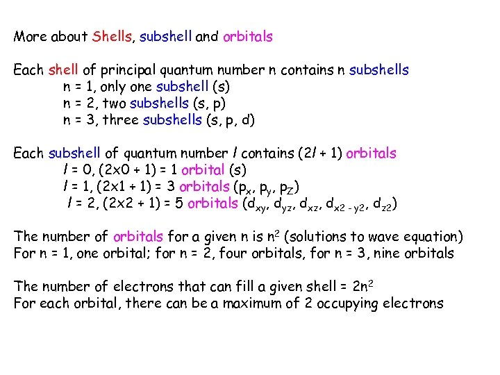 More about Shells, subshell and orbitals Each shell of principal quantum number n contains