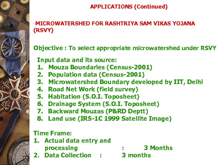 APPLICATIONS (Continued) MICROWATERSHED FOR RASHTRIYA SAM VIKAS YOJANA (RSVY) Objective : To select appropriate