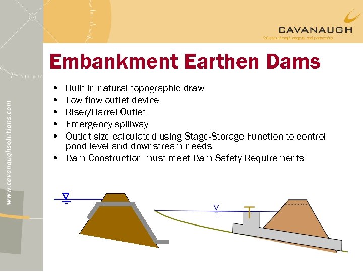 Embankment Earthen Dams • • • Built in natural topographic draw Low flow outlet