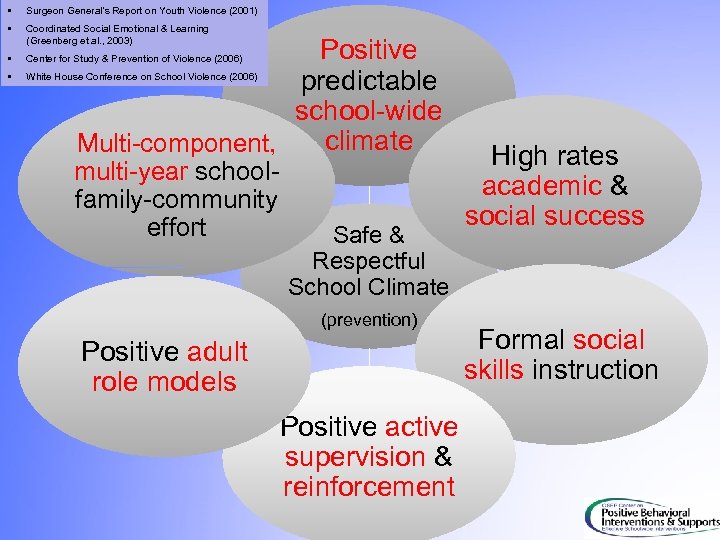  • Surgeon General’s Report on Youth Violence (2001) • Coordinated Social Emotional &