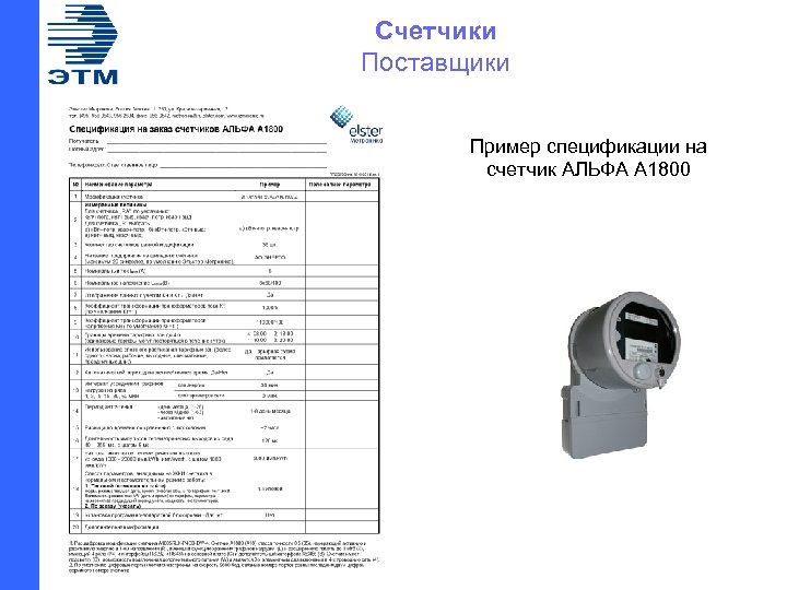 Счетчики Поставщики Пример спецификации на счетчик АЛЬФА А 1800 