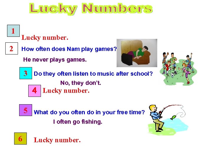1 2 Lucky number. How often does Nam play games? He never plays games.