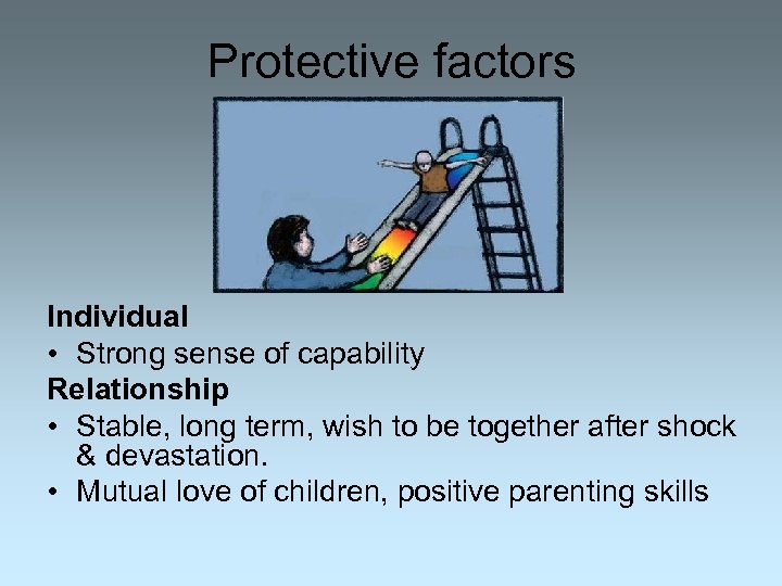 Protective factors Individual • Strong sense of capability Relationship • Stable, long term, wish