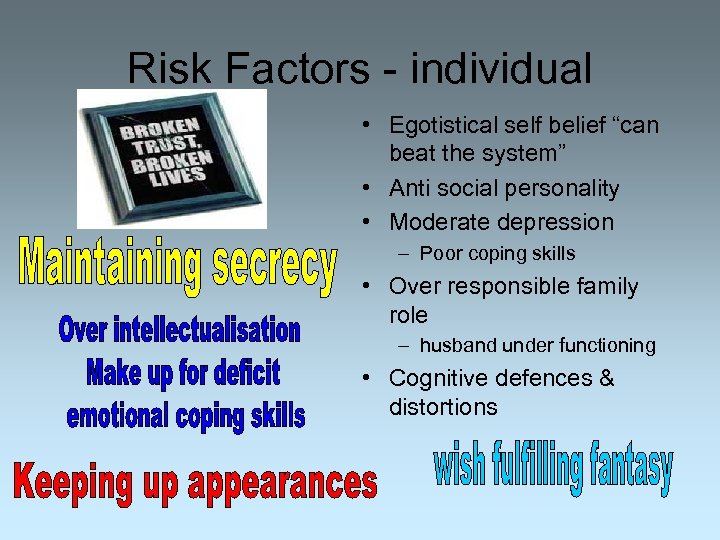 Risk Factors - individual • Egotistical self belief “can beat the system” • Anti