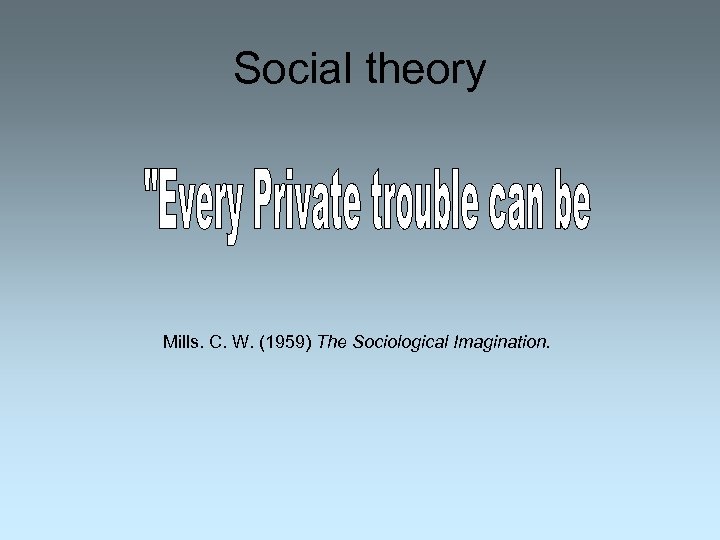 Social theory Mills. C. W. (1959) The Sociological Imagination. 