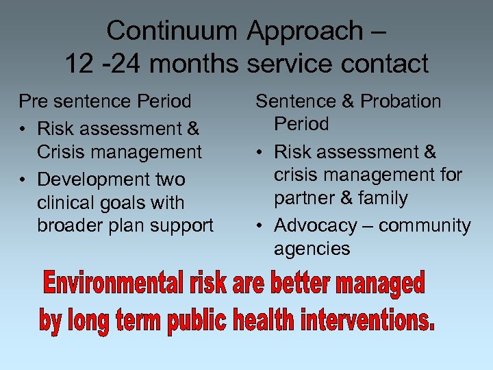 Continuum Approach – 12 -24 months service contact Pre sentence Period • Risk assessment