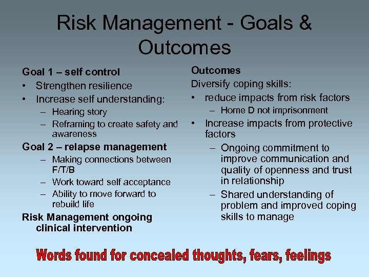 Risk Management - Goals & Outcomes Goal 1 – self control • Strengthen resilience