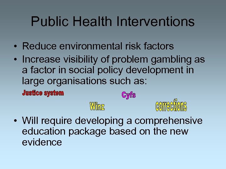 Public Health Interventions • Reduce environmental risk factors • Increase visibility of problem gambling