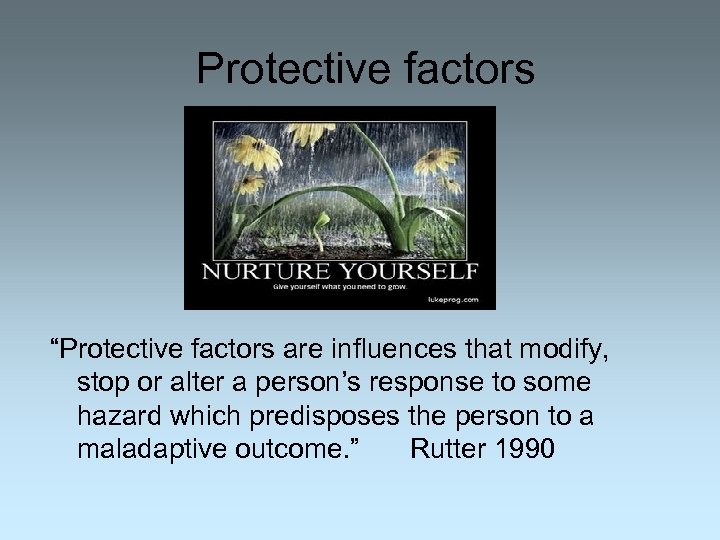 Protective factors “Protective factors are influences that modify, stop or alter a person’s response