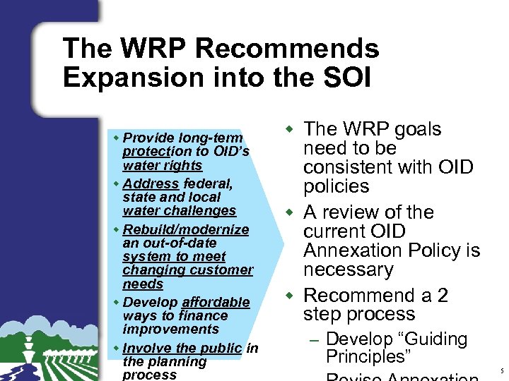 The WRP Recommends Expansion into the SOI w Provide long-term protection to OID’s water