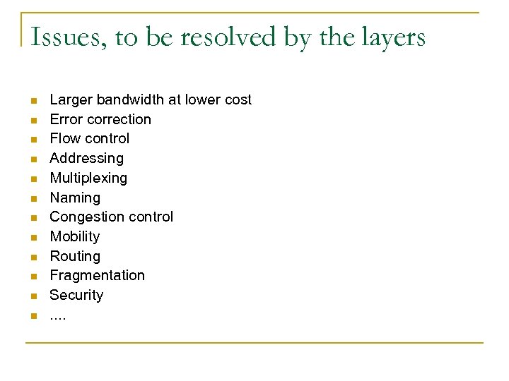 Issues, to be resolved by the layers n n n Larger bandwidth at lower