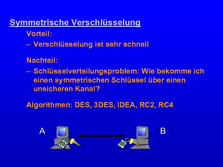 Symmetrische Verschlüsselung Vorteil: – Verschlüsselung ist sehr schnell Nachteil: – Schlüsselverteilungsproblem: Wie bekomme ich