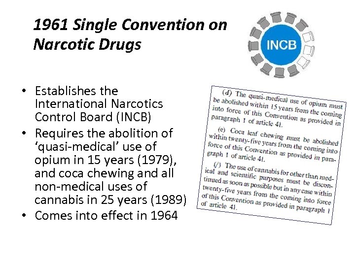 1961 Single Convention on Narcotic Drugs • Establishes the International Narcotics Control Board (INCB)