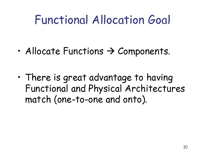 Functional Allocation Goal • Allocate Functions Components. • There is great advantage to having