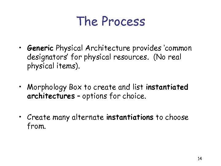 The Process • Generic Physical Architecture provides ‘common designators’ for physical resources. (No real