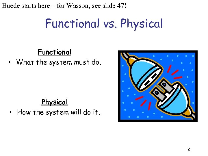 Buede starts here – for Wasson, see slide 47! Functional vs. Physical Functional •
