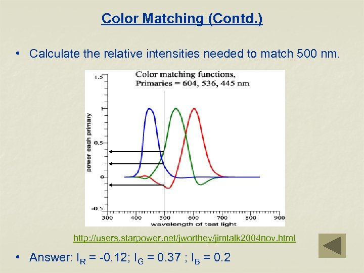 Color Matching (Contd. ) • Calculate the relative intensities needed to match 500 nm.