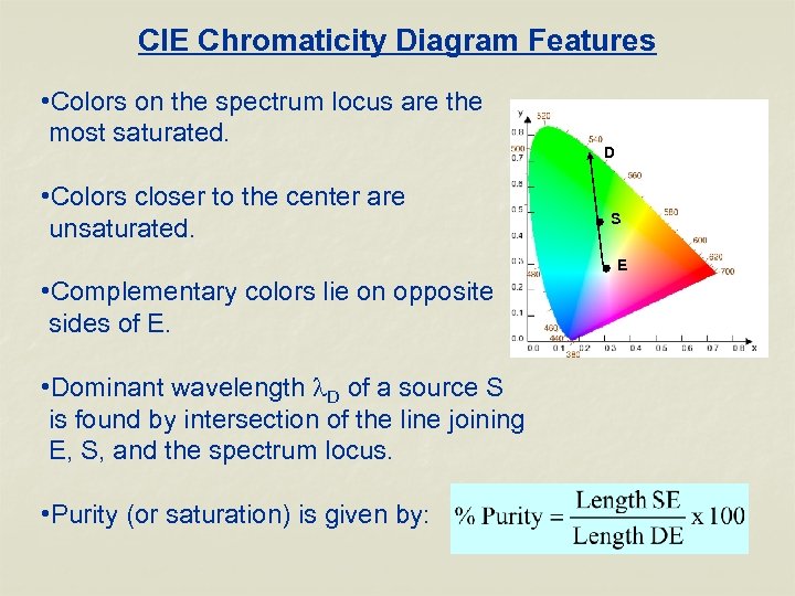 CIE Chromaticity Diagram Features • Colors on the spectrum locus are the most saturated.