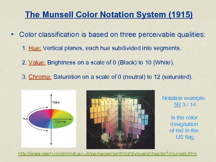 The Munsell Color Notation System (1915) • Color classification is based on three perceivable