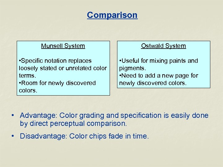 Comparison Munsell System • Specific notation replaces loosely stated or unrelated color terms. •