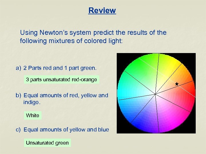 Review Using Newton’s system predict the results of the following mixtures of colored light: