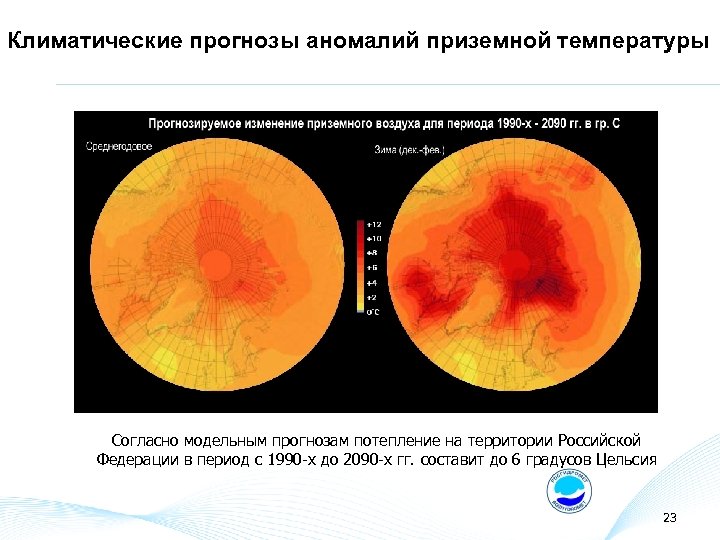 Климатические прогнозы аномалий приземной температуры Согласно модельным прогнозам потепление на территории Российской Федерации в