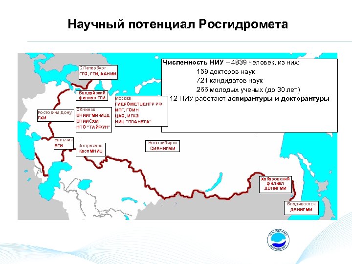 Научный потенциал Росгидромета С. Петербург ГГО, ГГИ, ААНИИ Валдайский филиал ГГИ Ростов-на Дону ГХИ