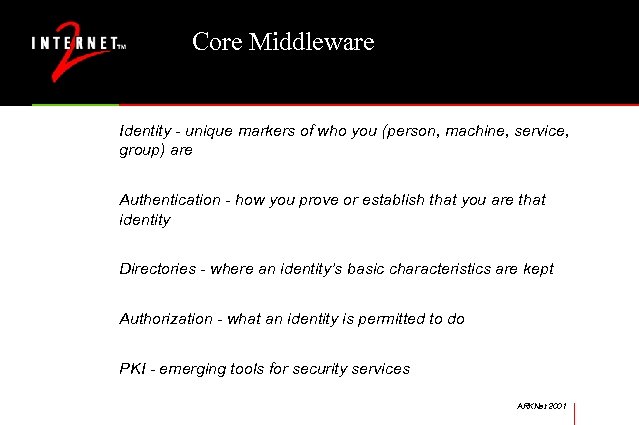 Core Middleware Identity - unique markers of who you (person, machine, service, group) are