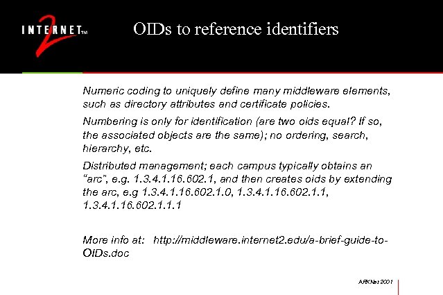 OIDs to reference identifiers Numeric coding to uniquely define many middleware elements, such as