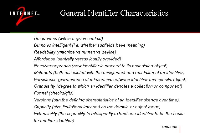 General Identifier Characteristics Uniqueness (within a given context) Dumb vs intelligent (i. e. whether