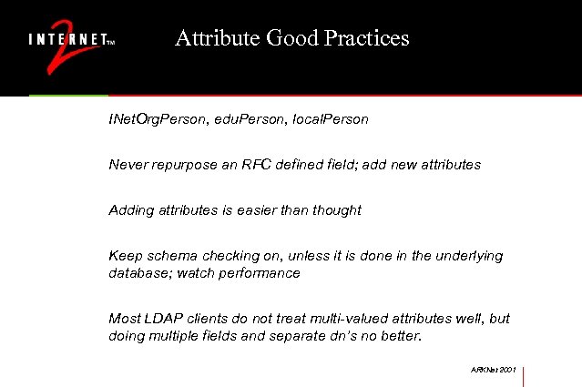 Attribute Good Practices INet. Org. Person, edu. Person, local. Person Never repurpose an RFC