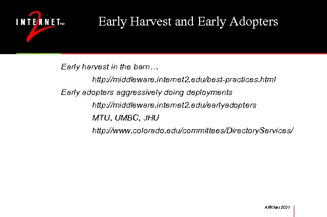 Early Harvest and Early Adopters Early harvest in the barn… http: //middleware. internet 2.