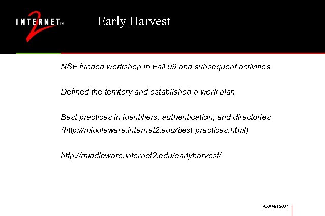 Early Harvest NSF funded workshop in Fall 99 and subsequent activities Defined the territory