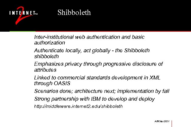 Shibboleth Inter-institutional web authentication and basic authorization Authenticate locally, act globally - the Shibboleth