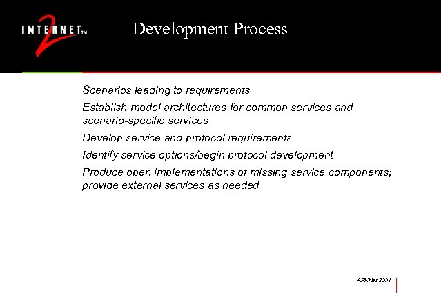 Development Process Scenarios leading to requirements Establish model architectures for common services and scenario-specific