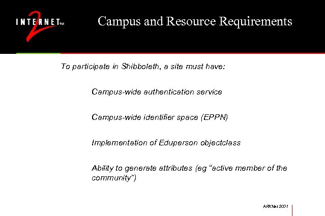 Campus and Resource Requirements To participate in Shibboleth, a site must have: Campus-wide authentication
