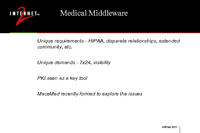 Medical Middleware Unique requirements - HIPAA, disparate relationships, extended community, etc. Unique demands -