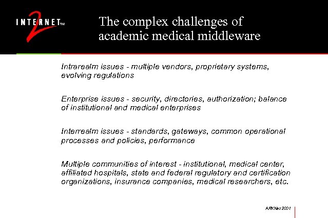 The complex challenges of academic medical middleware Intrarealm issues - multiple vendors, proprietary systems,