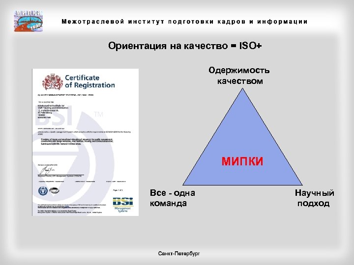 Ориентация на качество = ISO+ Одержимость качеством МИПКИ Все - одна команда Научный подход