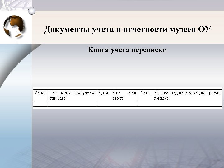 Документы учета и отчетности музеев ОУ Книга учета переписки 