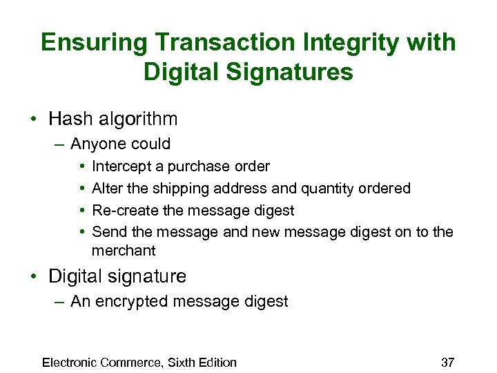 Ensuring Transaction Integrity with Digital Signatures • Hash algorithm – Anyone could • •