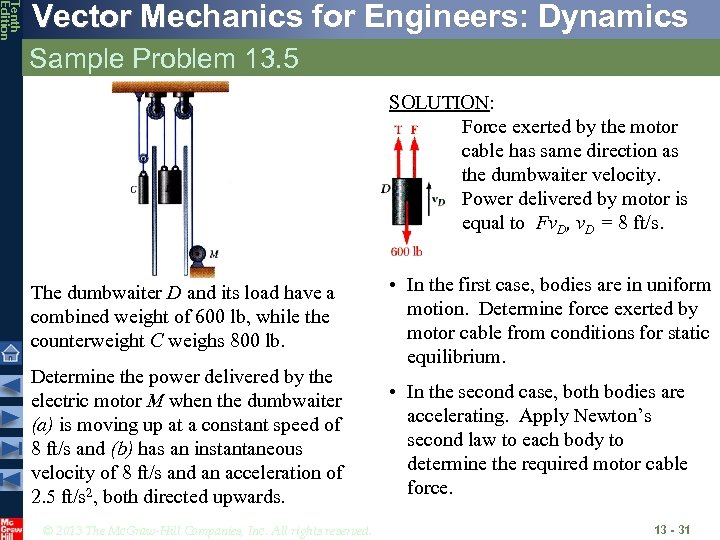Tenth Edition Vector Mechanics for Engineers: Dynamics Sample Problem 13. 5 SOLUTION: Force exerted