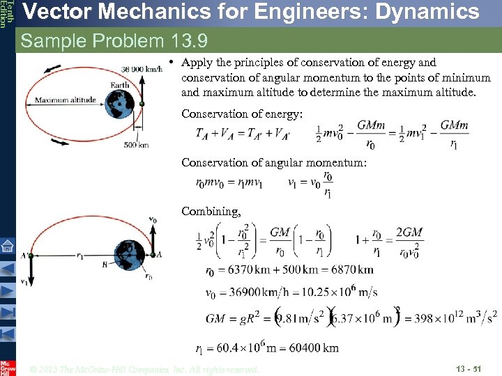 Tenth Edition Vector Mechanics for Engineers: Dynamics Sample Problem 13. 9 • Apply the