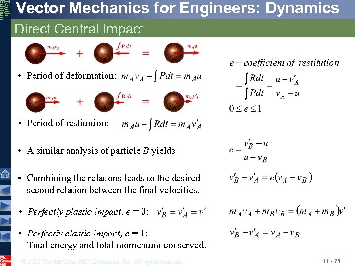 Tenth Edition Vector Mechanics for Engineers: Dynamics Direct Central Impact • Period of deformation: