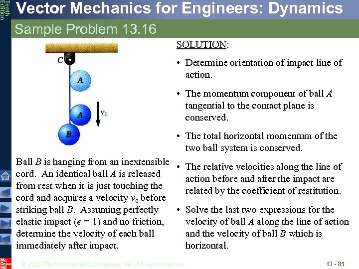 Tenth Edition Vector Mechanics for Engineers: Dynamics Sample Problem 13. 16 SOLUTION: • Determine