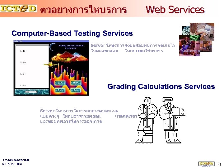 ตวอยางการใหบรการ Web Services Computer-Based Testing Services Server ใหบรการสงขอสอบทมการจดเกบไว ในคลงขอสอบ ใหกบผขอใชบรการ แตละราย Grading Calculations Services